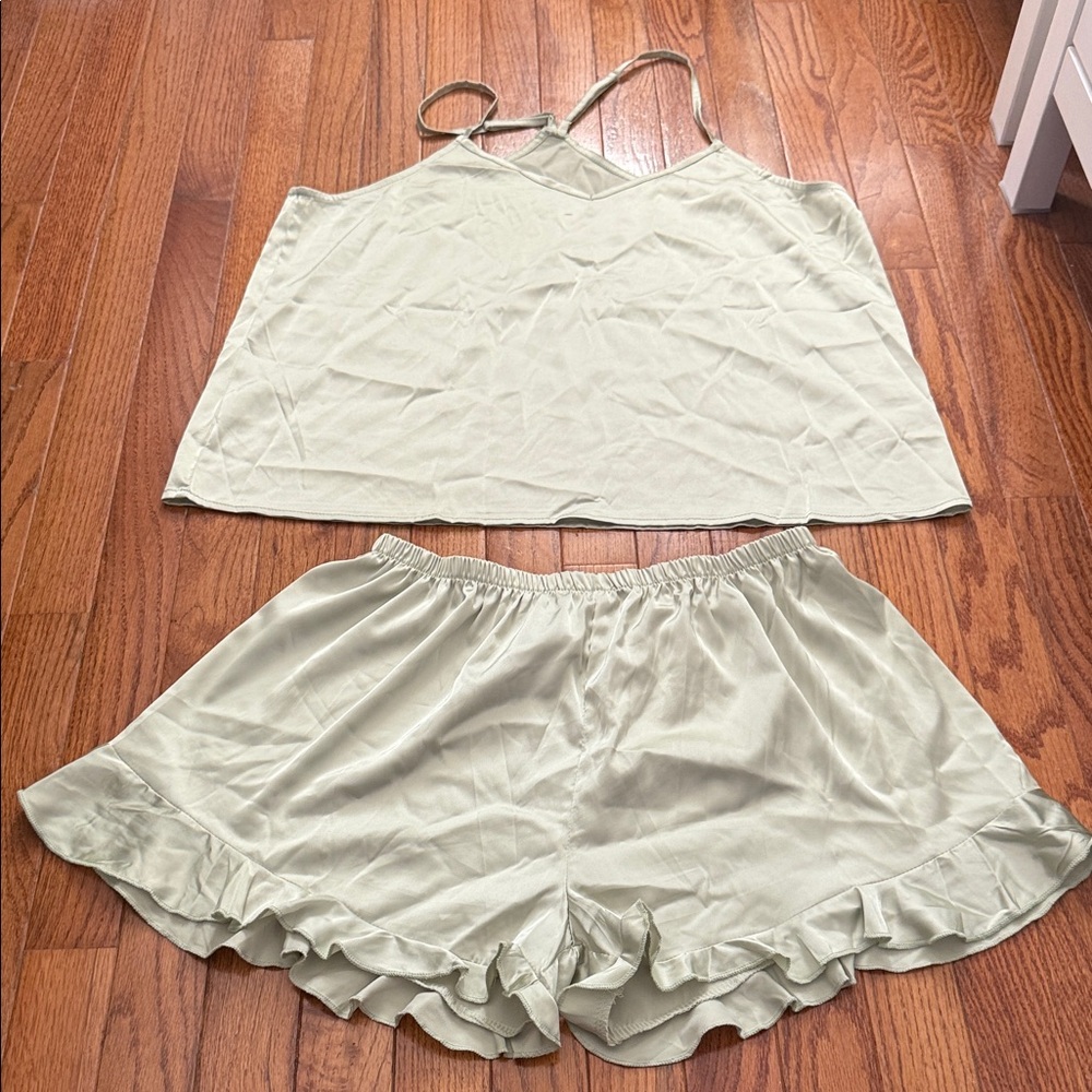 Silky Ruffle Pjs - sage green